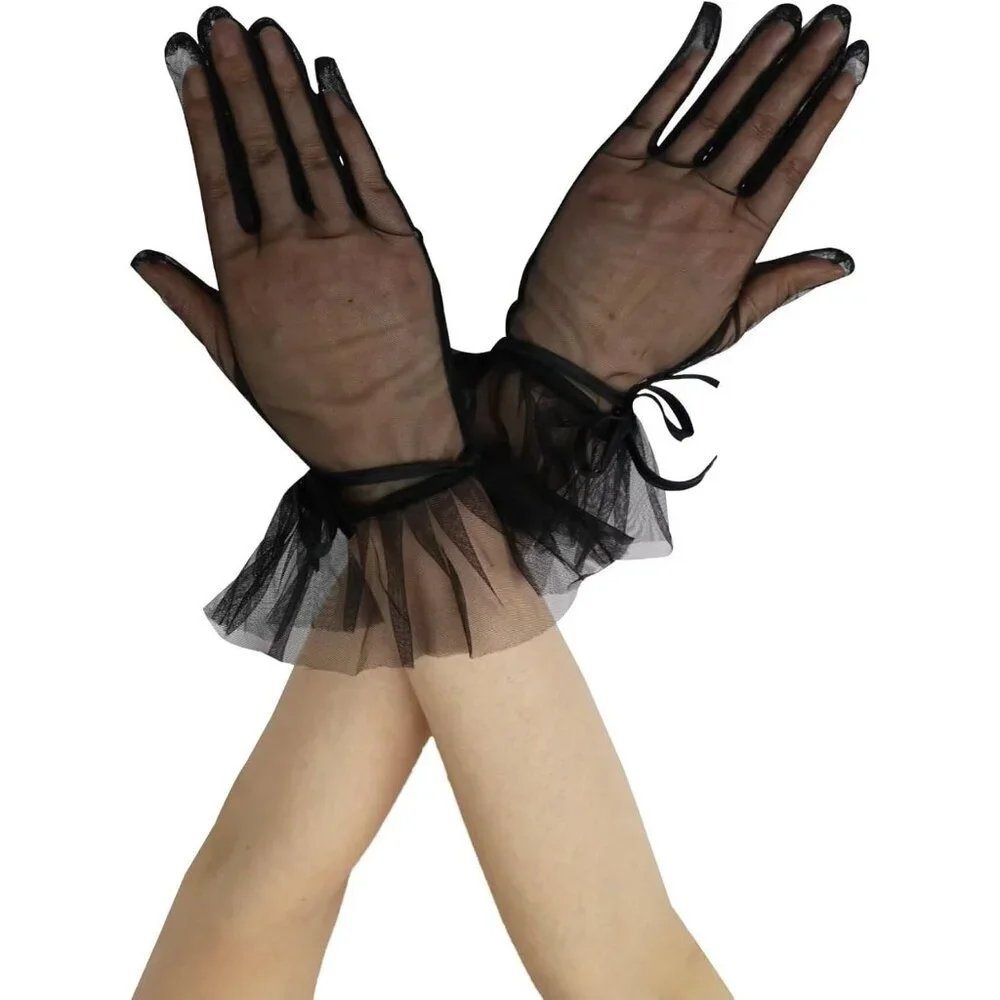 Women's Evening Black Ruffles Mesh Tulle Short Gloves Wedding Party Accessory